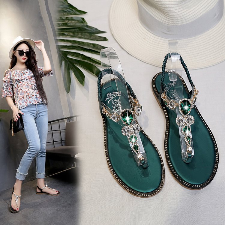 New Summer Rhinestone Sandals Women'S Flat Sole Casual Shoes European And American Cool Toe Sandals Women