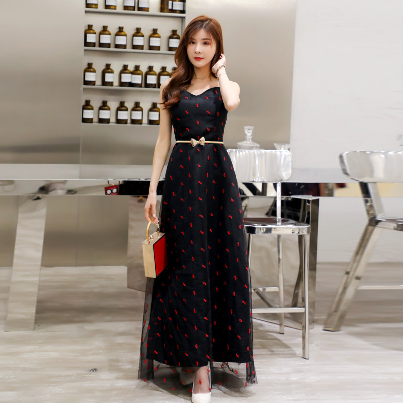 時尚紅唇印象抹胸露肩網紗顯瘦加大碼長款晚禮服裙(送腰帶)/6603