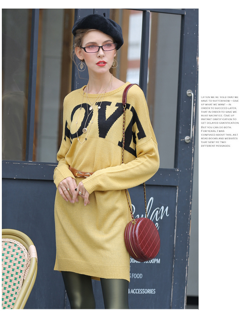 new round neck pullover sweet letter jacquard long knitted dress NSYH7465