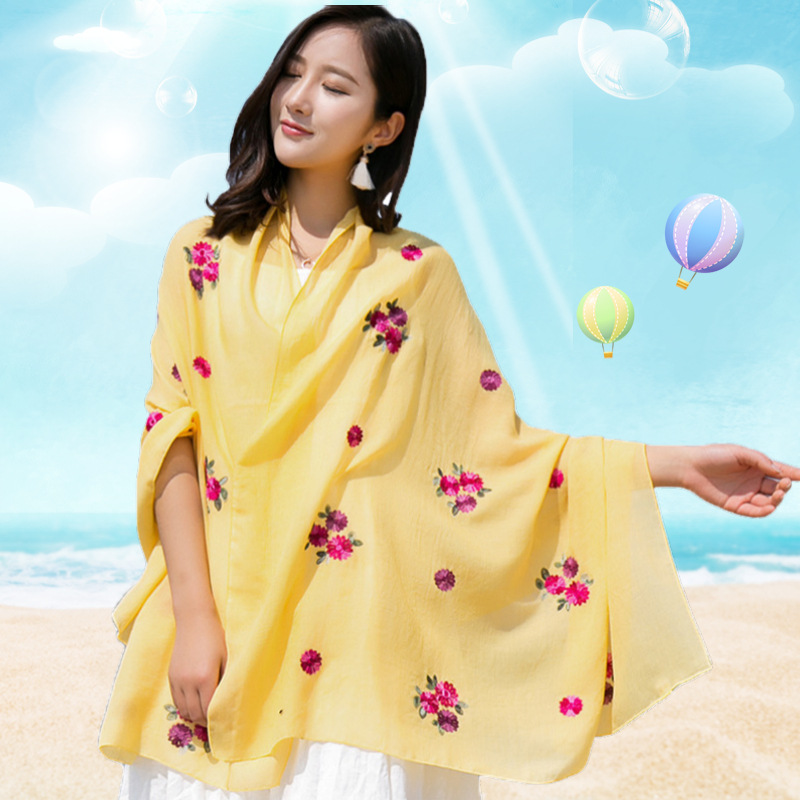 秋冬新款民族风花朵刺绣棉麻丝巾单色绣花保暖围巾披肩批发代发|ru