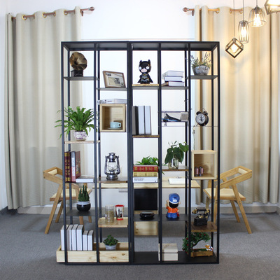 美式LOFT铁艺实木书架复古屏风隔断玄关储物柜置物架展示架|ms