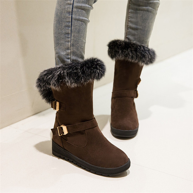 Women’s snow boots Plush winter new rabbit hair women’s shoes waterproof platform short boots flat sole large buckle all