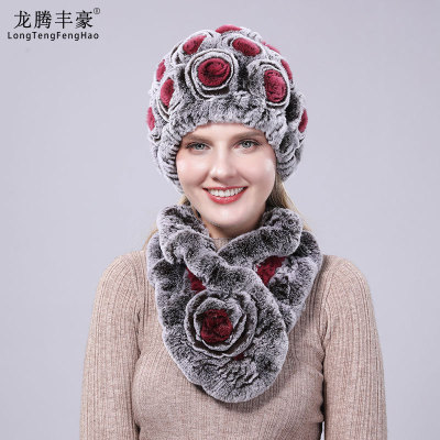 新款編織獺兔帽子韓版女士秋冬季加厚保暖編織圍巾帽子套裝兩件套