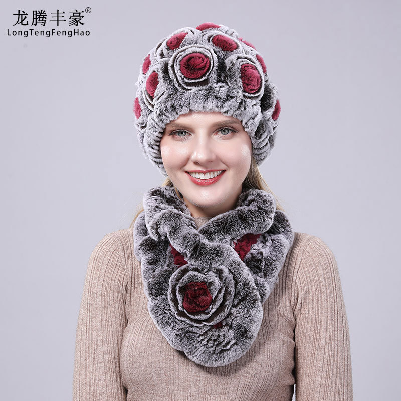 新款編織獺兔帽子韓版女士秋冬季加厚保暖編織圍巾帽子套裝兩件套