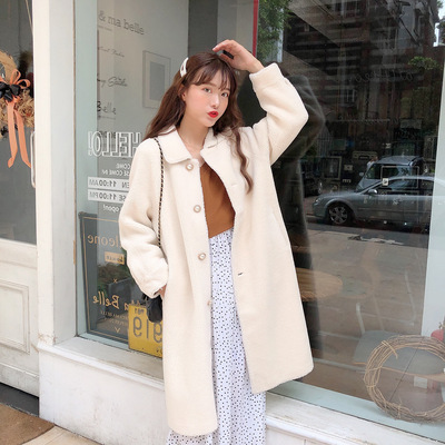 2019秋冬新款韩版颗粒绒皮毛一体中长款大衣法式慵懒风加厚外套潮|ru