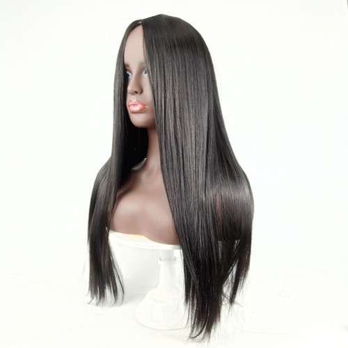 Women's African Black Center Part Long Straight Wavy Human Hair Wig for International Trade - Cross-border E-commerce Supply - High Temperature Heat-resistant Machine-made Full Wig