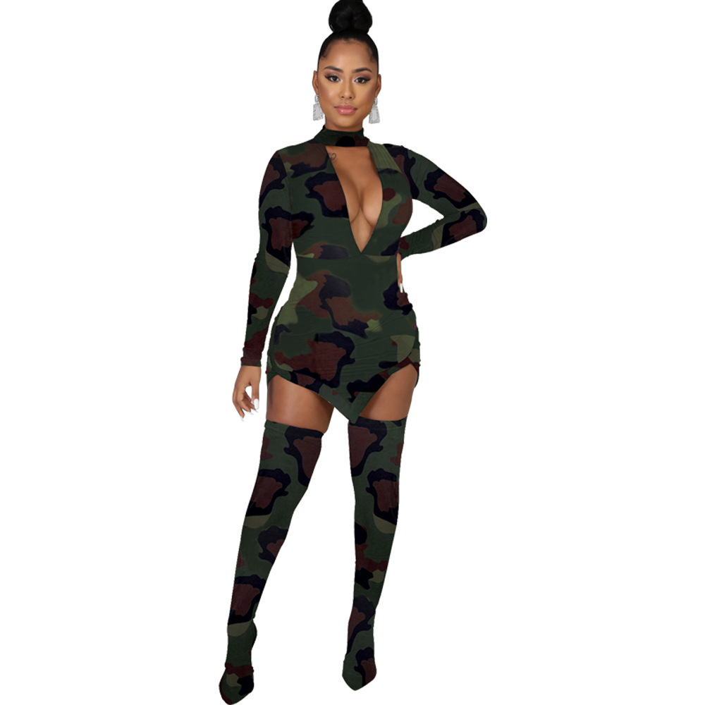 Deep V Printed Long Sleeve Stocking Two-piece Set Nihaostyles wholesale clothing vendor NSTYF72944