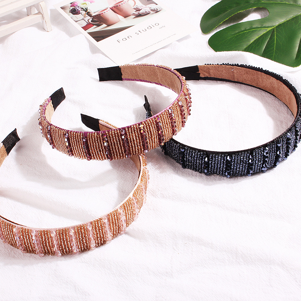 The New Korean Handmade Beaded Crystal Hairband Wide-edge Rice Beads Cheap Hairband Wholesale display picture 12