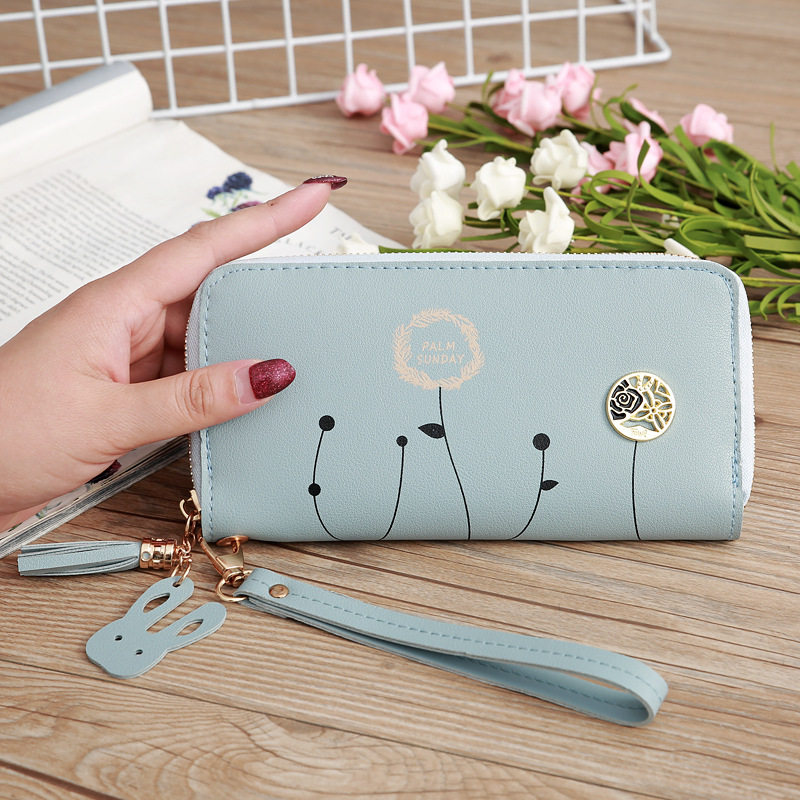 93g Weight Polyester Lining Material Zipper Closure Type Business Occasion Pu Leather Material Solid Color Pattern Women'S Gender Square Shape Dark Grey, Grey, Rose Red, Pink, Green, Blue, Yellow, Black Color Korean Printing Medium Long Single Pull Wallet Wholesale 2