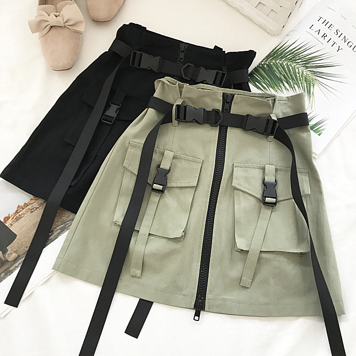 Casual de Verão Sólida com Faixas de Bolso com Zíper Solta de Cintura Safari Saia Estilo Feminina Alta 2021 Feminino Cor 5 High Quality Moda Feminina