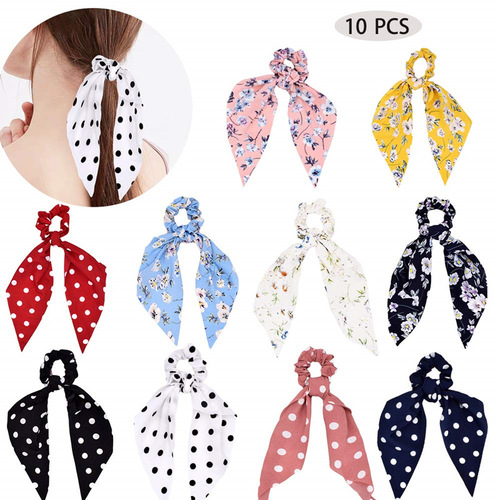 Cross-border long floral fabric hair tie jewelry for women, dotted knotted ponytail streamer, three-state flower headband