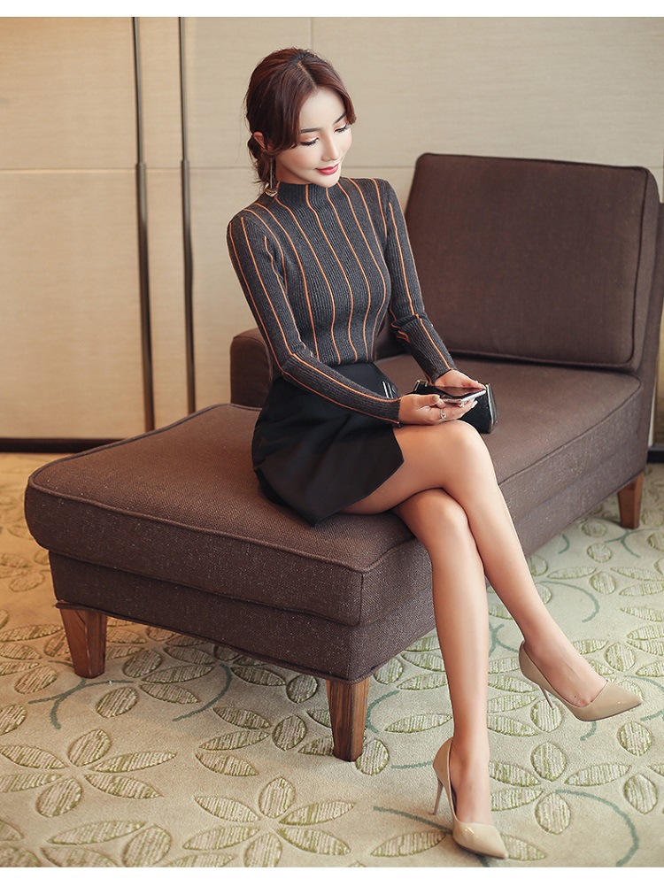 High Neck Striped Knit Sweater Casual