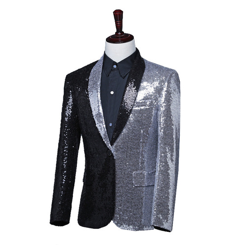 men's jazz dance suit blazers Male singer western half black and half silver Sequin suit asymmetric coat hairdresser green fruit collar top