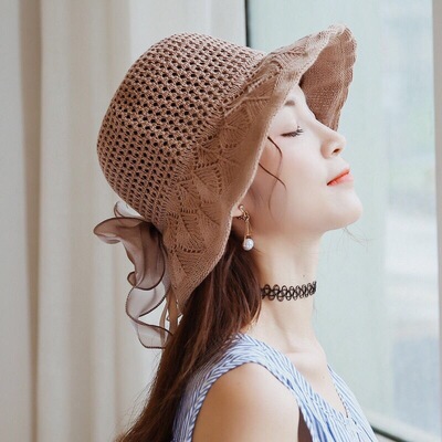 Hat Women summer beach sunhats sun proof woven hat art bow hand woven hollow straw hat foldable