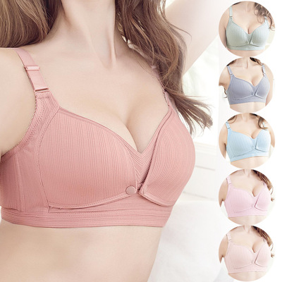 螺纹无钢圈纯棉前开扣半遮掩哺乳内衣怀孕期里防走光孕妇文胸|ms