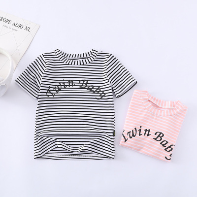 children summer new pattern Korean Edition modal stripe baby Children Short sleeved modal Pullover