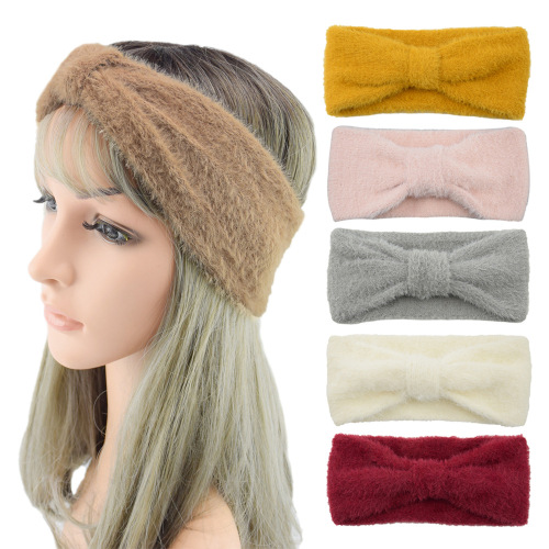 Internet celebrity imitation mink headband thickened bow knitted hairband ins new warm wool headband European and American headwear