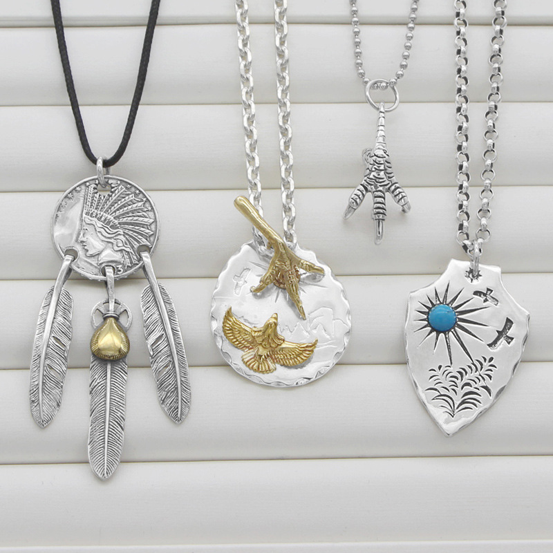 银势S925纯银印第安头像硬币高桥唐草挂坠老鹰羽毛项链坠小吊牌饰|ru