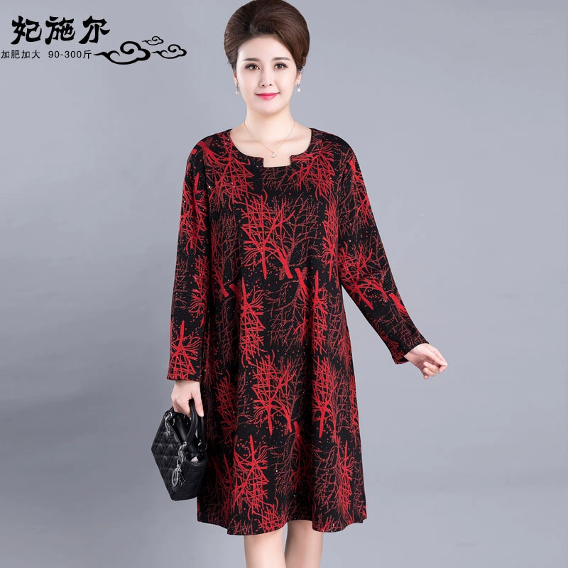2021 Новое платье для мамы плюс толстое платье больших размеров осенне-зимняя юбка до колен с длинным рукавом светский темперамент Базовая женщина среднего возраста