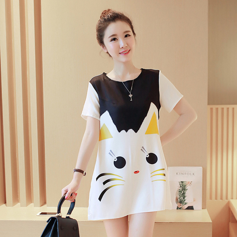 Cartoon Print Short-sleeved Cat Maternity Dress Korean Style Cute Cat Mid-length Dress Fresh A- line Dress for Summer