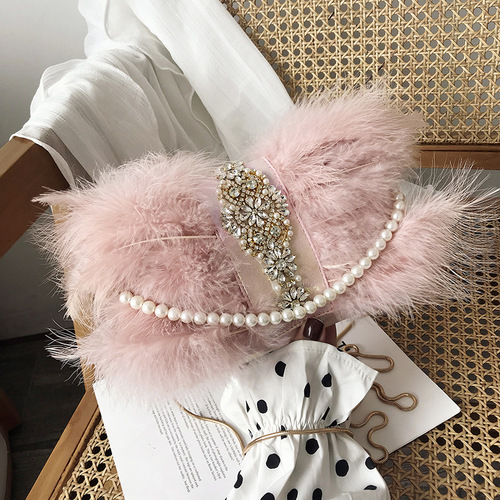 Turkey and ostrich feather diagonal fur inclined shoulder bags for women bag Pearl chain diamond fur Dinner banquet party Plush bag