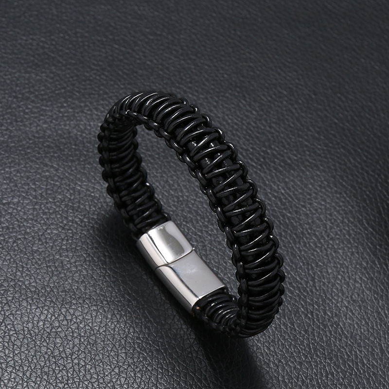 Titanium steel multilayer woven stainless steel magnet buckle leather bracelet