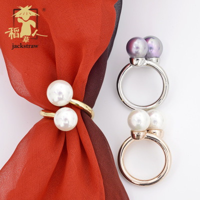 稻草人熱銷絲巾扣圈兩顆珍珠簡約高檔合金戒指韓版小方巾扣