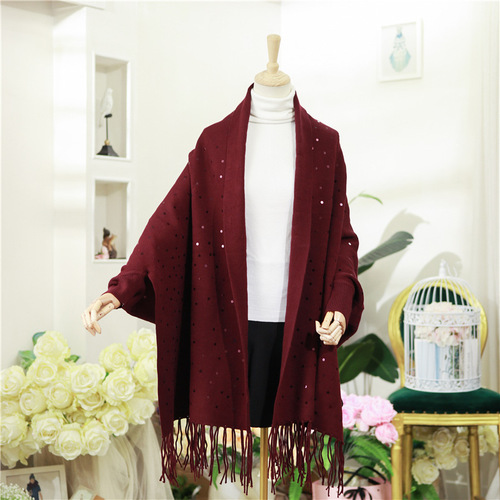 New sequined scarf shawl autumn and winter women's knitted solid color tassel cape large size loose coat to keep warm