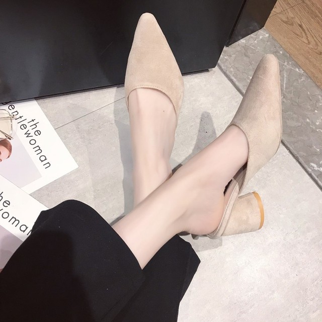Giày lười nửa nữ nữ 2019 mới retro in da lộn dày với giày cao gót Dép da