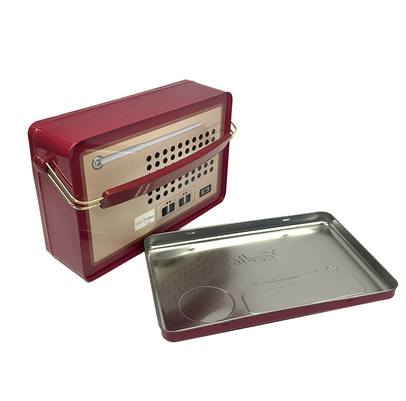 Caja Portátil de Hojalata Cuadrada con Diseño de Radio para Almacenamiento