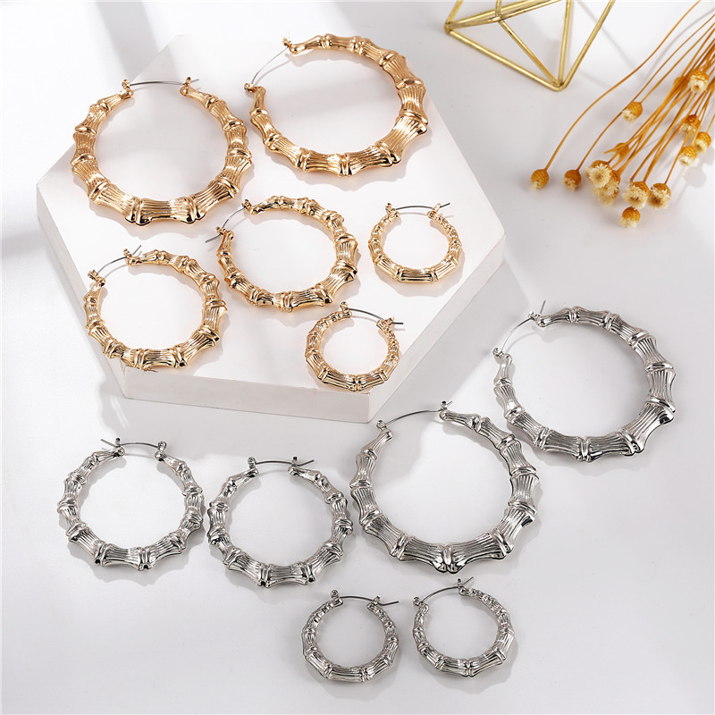 Hot Sale Women&#39;s Round Bamboo Gold Silver Punk Style Earrings Set Women display picture 6