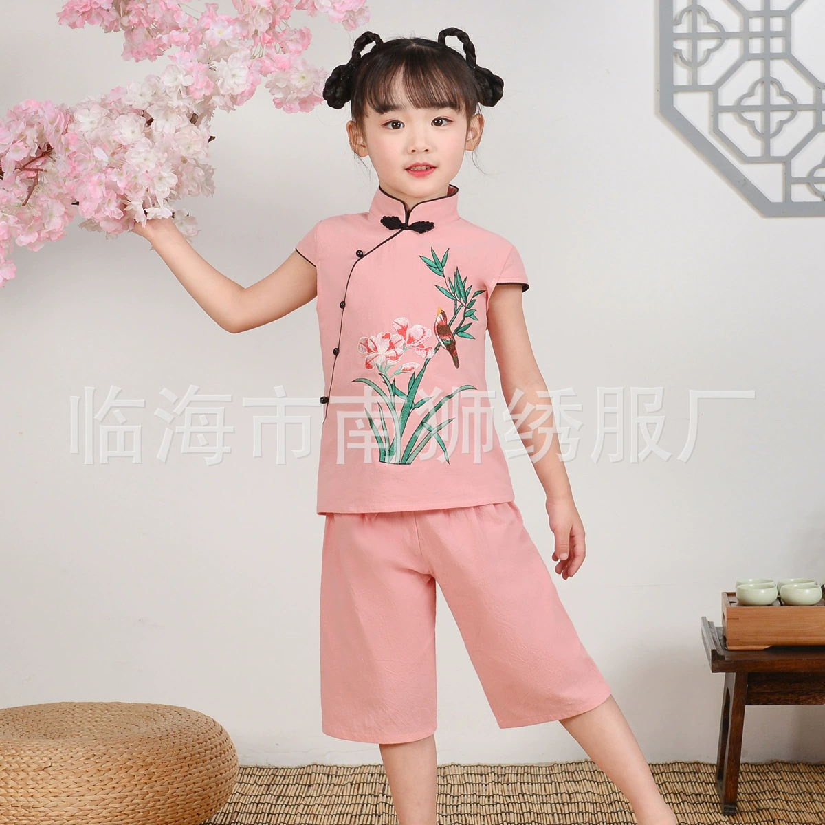 Ethnic Hanfu, set, autumn cheongsam for kindergarten, Chinese style, children's clothing, cotton and linen
