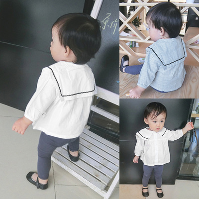 2019童装 秋款 女宝宝海军领衬衫婴儿上衣纯棉开衫新生儿衣服潮|ru