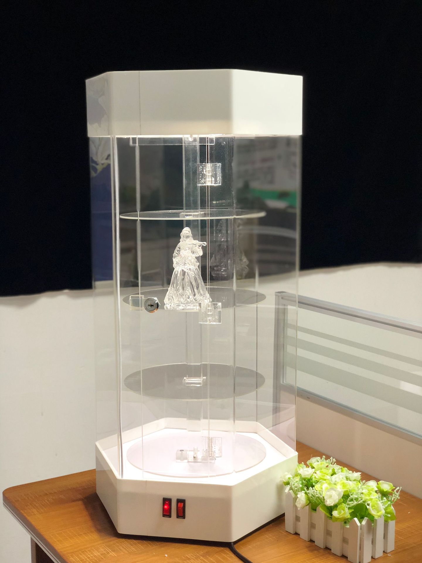 亚克力卡台展示柜六角形旋转展示台眼镜手表电动陈列柜可加工