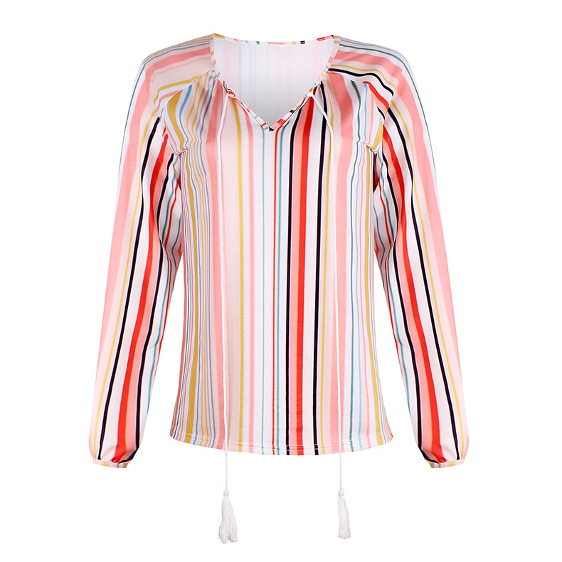 women's loose V-neck striped top NSKX10134