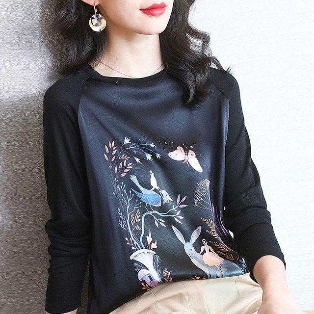 Long Sleeve Woman New Printed Stitching Knitted T-shirt