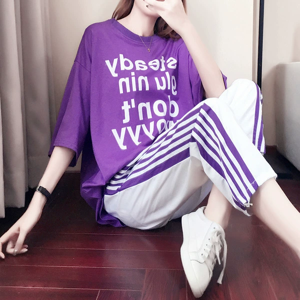 Женский Повседневный Спортивный костюм, Новинка лета 2019, свободные брюки богини в гонконгском стиле, модные широкие брюки от Интернет-знаменитостей, комплект из двух предметов