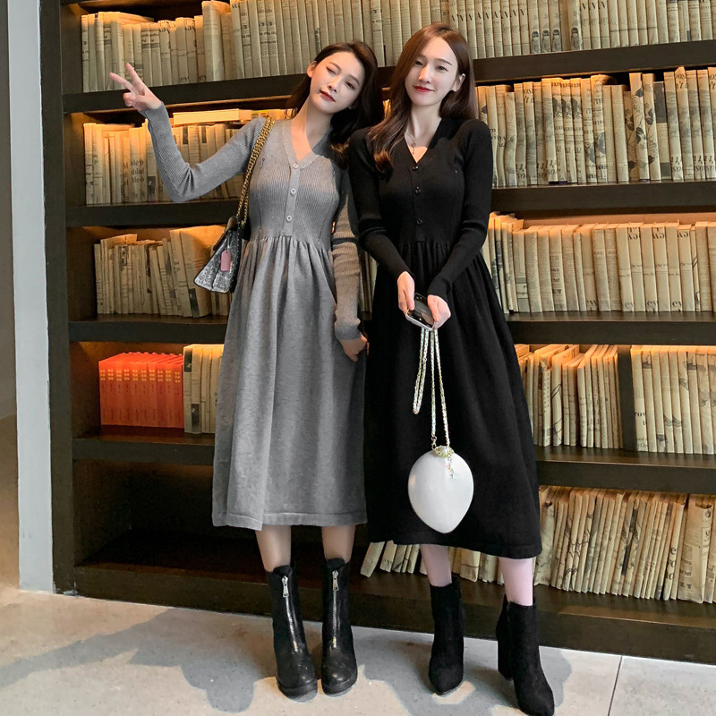 Maternity 2022 Autumn and Winter New Breastfeeding Knitted Sweater Dress Core-spun Yarn V-neck Mid-length Breastfeeding Dress