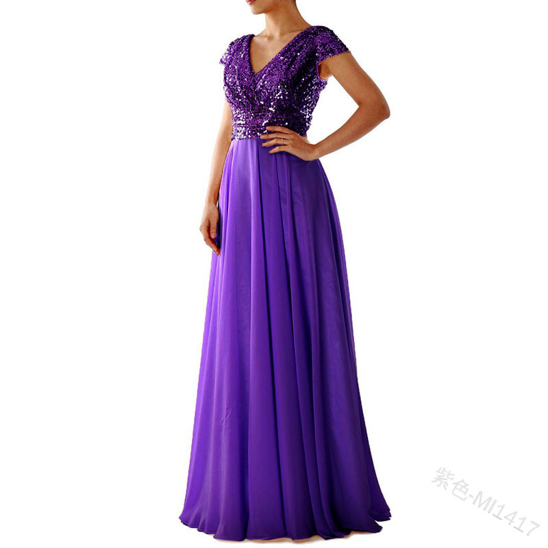 Women's A-line Skirt Fashion V Neck Sequins Patchwork Short Sleeve Solid Color Maxi Long Dress Daily display picture 8