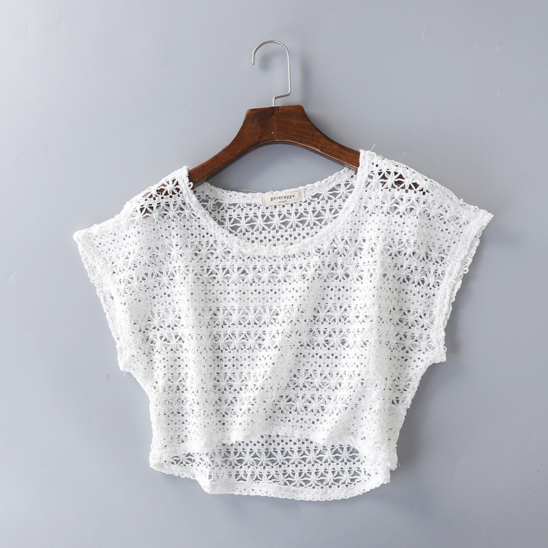 Japanese Style Sweet Hollow Crochet Lace Shirt Short Bat Sleeve Blouse Loose Knit Front Short Back Long Top