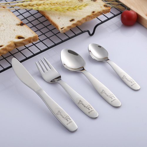 304 stainless steel children's western cutlery cartoon pattern knife, fork and spoon four-piece set spoon fork cutlery gift set
