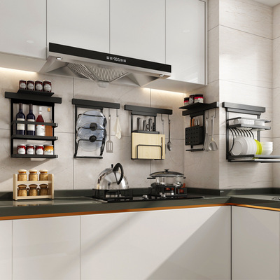 黑色太空铝厨房置物架五金挂件刀碗架调味架免打孔一体式组合套装