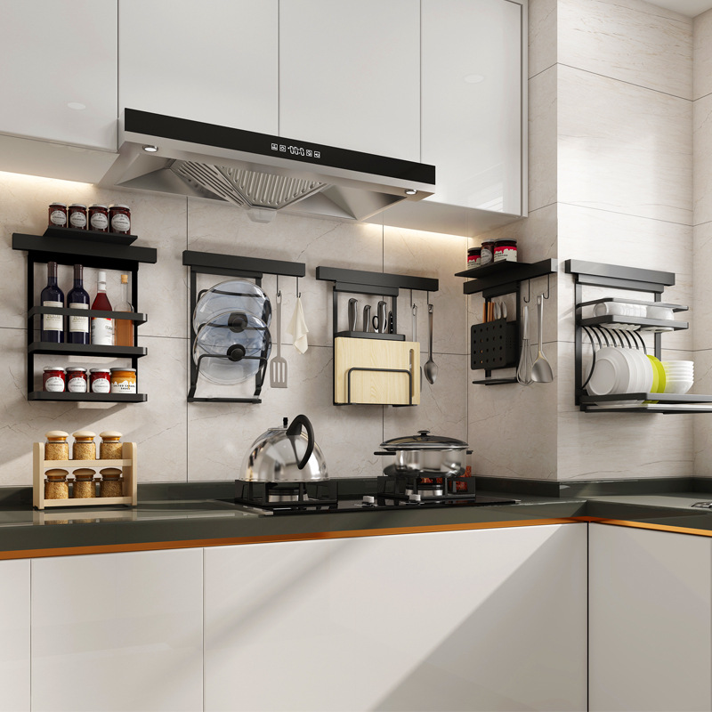 黑色太空铝厨房置物架五金挂件刀碗架调味架免打孔一体式组合套装