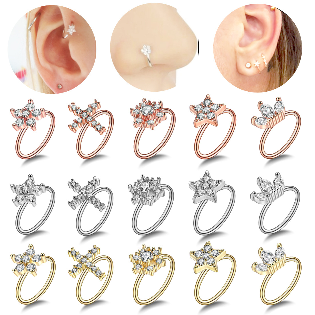 Fashion Cross Star Brass Inlay Zircon Nose Ring 1 Piece