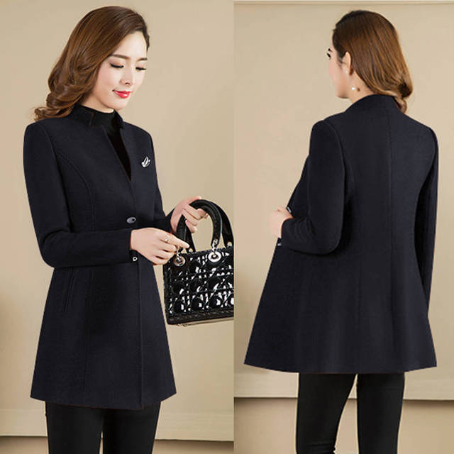 Autumn and winter medium length woolen coat women’s slim short stand collar woolen coat windbreaker