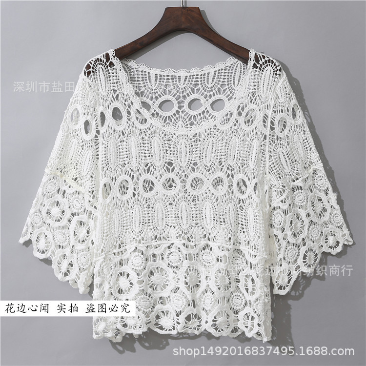 钩花镂空套头罩衫短袖上衣针织衫短款披肩宽松蕾丝衫小坎肩女夏