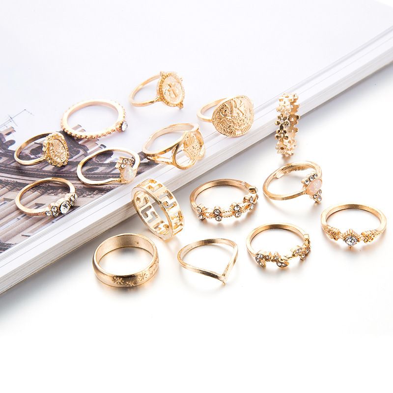 15PCS Gold Ring Set Knuckle Joint Stackable Vintage Midi Bohemian Crystal Fashion Jewelry VSCO TikTok E-Girl Style
