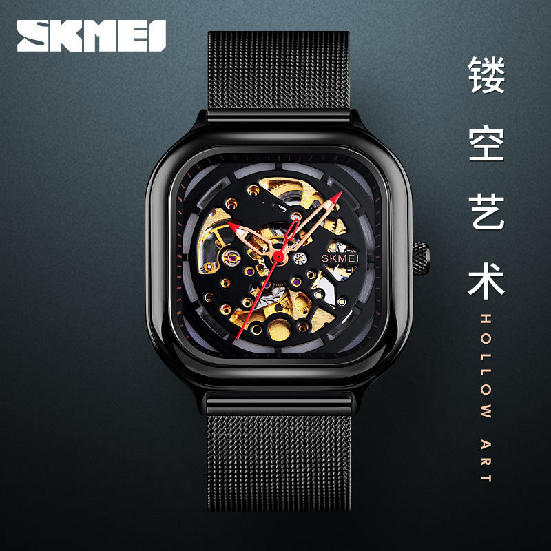 時刻美時尚自動防水機械表男士學生網帶镂空方形男表工廠批發直銷