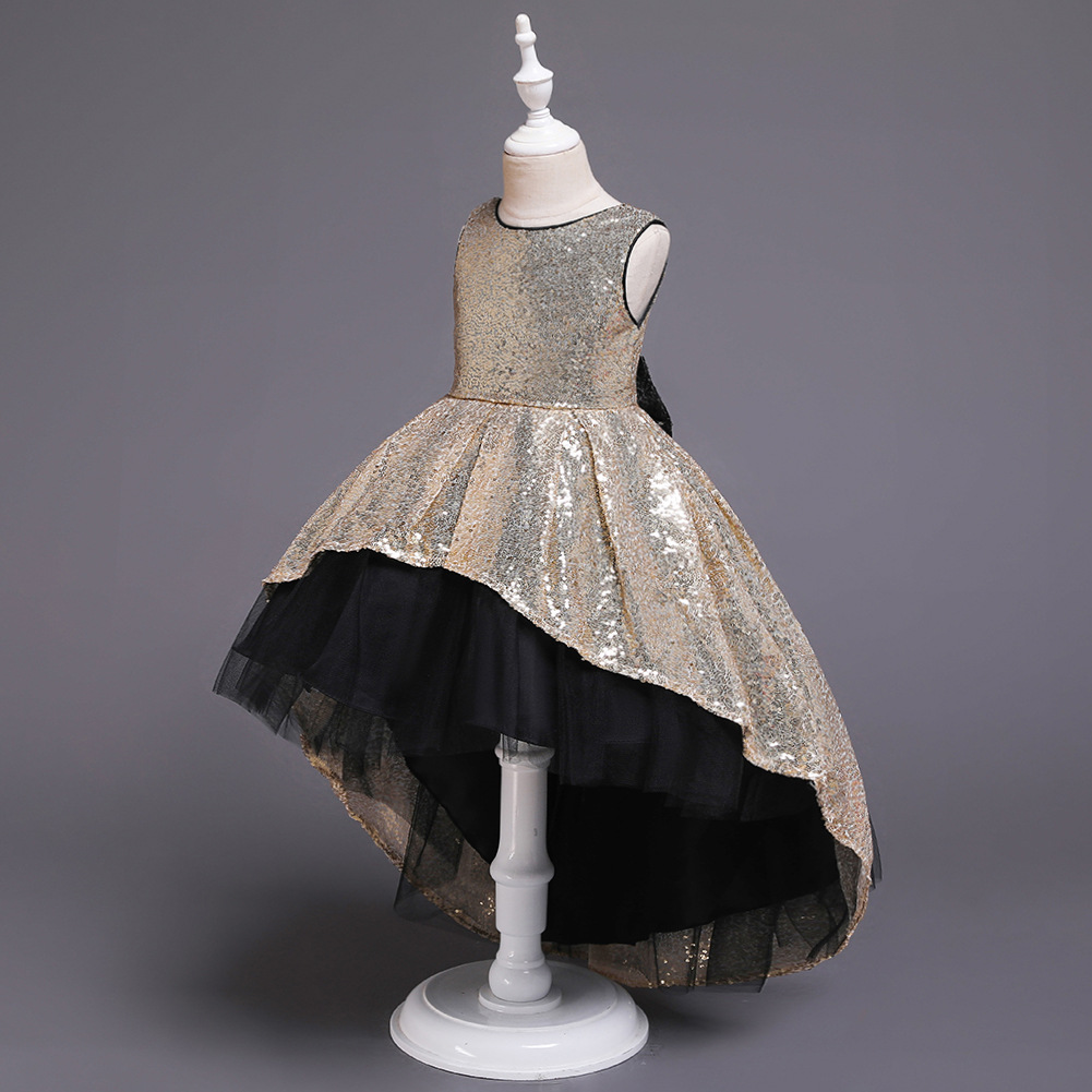 children dress跨境热销金色亮片儿童拖尾小主持人晚礼服公主裙夏-阿里巴巴