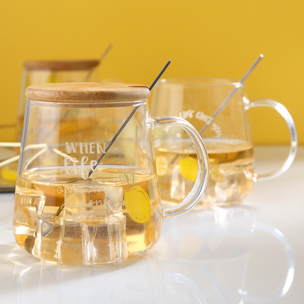 Simple creativo limón taza de cristal con tapa Cuchara regalo transparente beber fruta resistente a altas temperaturas